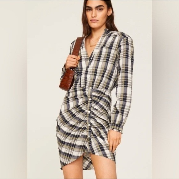 Veronica Beard Dresses & Skirts - Veronica Beard Plaid Ruched Front Shirt Dress Navy Olive Green Size 2